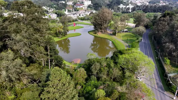 Curitiba Parana Brezilya 'daki Tingui Parkı. İnsansız hava aracı, etrafı gür ağaçlarla çevrili kaldırımlı bir bahçe yakalıyor. Şehir Gökyüzü Arkaplanı Kentsel. Açık Arkaplan Panoramik Şehir. Curitiba Parana.