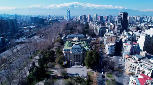 Santiago Büyükşehir Bölgesi Şili 'deki Güzellik Sanatları Ulusal Müzesi. Şehrin canlı semtindeki ünlü binanın kuş bakışı görüntüsü. Şehir merkezinde Gökyüzü Bulutları. Şehir merkezinin dışında. Ünlü..