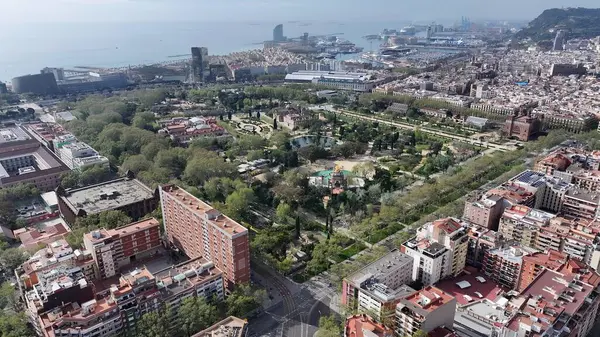 İspanya 'daki Ciutadella Parkı. Gökdelenleri Şehir Merkezi Şehir Yaşamını Yansıtıyor. Altyapı Skyline Panoramic City View Awesome. Altyapı Şehir Manzarası. Barselona İspanya.