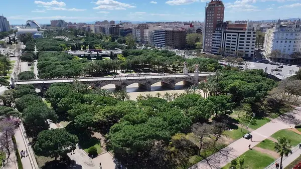 Valencia Valence Community İspanya 'daki Turia Gardens. Şehir merkezinin modern binalarla dolup taşması. İnşaat Manzarası Panoramik Şehir Görünümü Meşgul. Panoramik Şehir Manzarası. Valencia Valence Topluluğu.