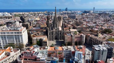 Barcelona Katedrali Katalonya İspanya 'nın Barselona Topluluğu' nda. Şehirdeki ünlü kilisenin nefes kesici manzarası. Metropolitan Manzara Gökdelenleri. Güzel. Metropolitan Şehir.