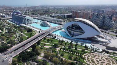 Valencia İspanya 'nın sanat ve bilim şehri. Kuşlar, sokaklar ve binalarla çarpıcı şehir manzarasına bakıyor. Metropolitan Peyzaj Ticari Binası Çarpıcı. Metropolitan Atılgan Kasabası.