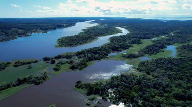 Amazon Ormanı Manaus Amazonas Brezilya 'da. Amazon Nehri, yemyeşil yeşillikler ve nehir tekneleri gösteriyor. Yaban Ormanı 'nda seyahat edin. Seyahat Güzel Gün Amazon Panoraması. Manaus Amazonas.