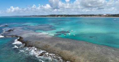 Brezilya 'nın kuzeydoğusunda Japonya' da Alagoas Brezilya 'da gökyüzü. Büyüleyici Tropikal Sahne Sahnesi Yukarıdan Görünüyor. Shore Clouds Plaj Denizi. Shore Beach Sahili Sahil Hattı. Japaratinga Alagoas.