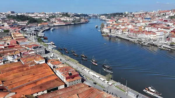 Porto Portekiz 'in Vila Nova De Gaia bölgesinde Gaia Skyline. Kuşların gözü çarpıcı Karanlık Nehir ve Orman Ağaçları 'nı görüyor. Şehir merkezindeki iş dünyası. İş Geçmişi Ünlüdür.