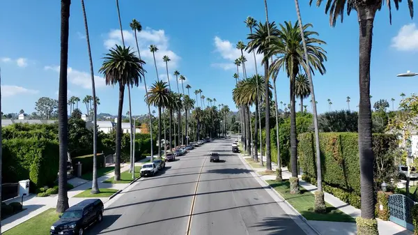 Beverly Hills, Los Angeles 'ta Carmelita Yolu. Yüksek katlı binaların ve şehir yaşamını gösteren trafik gösterilerinin havadan görüntüsü. Şehir Bulutları Gökyüzü Arkaplanı Şehir. Şehir dışındaki ünlü..