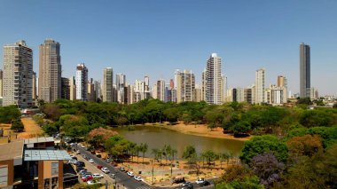 Goiania Goias Brezilya 'daki Kızgın İnek Parkı. Yeşillik ağaçlarıyla çevrili yeşil alanın havadan görünüşü. Şehir merkezindeki iş dünyası. Şehir merkezinin dışında Panning Wide 'da. Goiania Goias.
