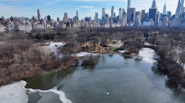 Manhattan 'daki Central Park, New York Birleşik Devletleri. İnsansız hava aracı, etrafı gür ağaçlarla çevrili kaldırımlı bir bahçe yakalıyor. Şehir Bulutları Gökyüzü Arkaplanı Şehir. Şehir dışındaki ünlü. Manhattan New York.