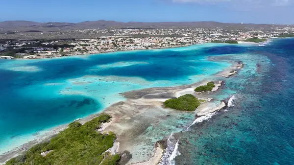 Oranjestad Karayipleri 'ndeki Karayip Sahili, Hollanda Aruba. Turistler Karayip Denizi 'nde güneşli bir günün tadını çıkarıyorlar. Horizon Sahili Denizi kıyısında. Deniz kenarı seyahati. Oranjestad Karayip Hollanda.