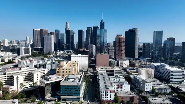 Los Angeles California 'daki kurumsal gökdelenler. Kuşlar, sokaklar ve binalarla çarpıcı şehir manzarasına bakıyor. Altyapı Skyline Panoramik Şehir Görünümü Muhteşem.