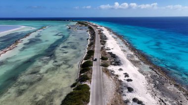 Kralendijk 'teki sahil yolu Bonaire Hollanda Antilleri. Otobanda yoğun trafiğin nefes kesici hava manzarası var. Cennet Adası Manzarası Minnettar Güzel. Yaz Zamanı Minnettar Kıyı.