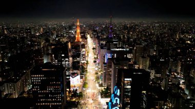 Şehir merkezindeki Paulista Bulvarı Sao Paulo Brezilya. Gökdelenleri Şehir Merkezi Şehir Yaşamını Yansıtıyor. Şehir merkezindeki Gece Otobanı Yolu. Dışarıda Gece Ünlü. Şehir merkezi Sao Paulo.