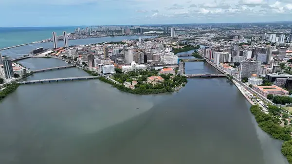 Pernambuco Brazil 'deki hükümet binası. Kuşların gözü çarpıcı Karanlık Nehir ve Orman Ağaçları 'nı görüyor. Şehir Gökyüzü Arkaplanı Kentsel. Şehir merkezinin yukarısında. Recife Pernambuco.