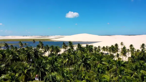Dunes Beach In Jericoacoara Ceara Brazil. Turquoise Lagoons And Sand Dunes Creating Inspiring Landscape. Shore Horizon Beach Sea. Shore Seaside Panning Wide. Jericoacoara Ceara.