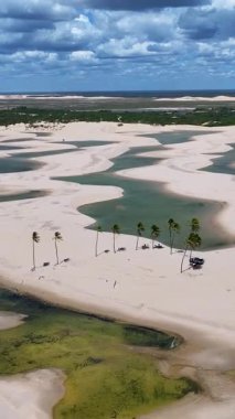 Lencois Maranhenses Tutoia, Brezilya 'da. Doğa Küçük Çarşafları. Manzaralı Palmiye Ağaçları. Lencois Maranhenses Maranhao 'da. Kıvrımlı kum tepeleri. Yağmur suyu gölleri. Tropik Seyahat.