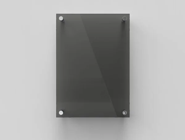 スペーサ金属ホルダー上のA4垂直ブラックガラスネームプレート ブランディングのためのボード 白い背景のモックアップフロントビューのアクリル広告看板 サイズ297 210ミリメートル 3Dイラスト — ストック写真