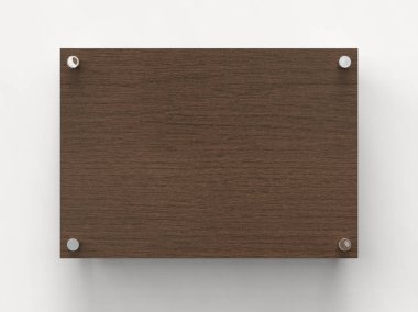 A4 koyu ahşap plakalı. Uzaylı metal tutucuların plakası. Markalaşma tahtası. Gri arka planda ahşap reklam panosu. Numara 297 x 210 mm. 3B illüstrasyon