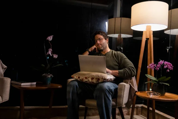 Brazilian Man Tired While Working Home Doing Home Office Night — Foto Stock