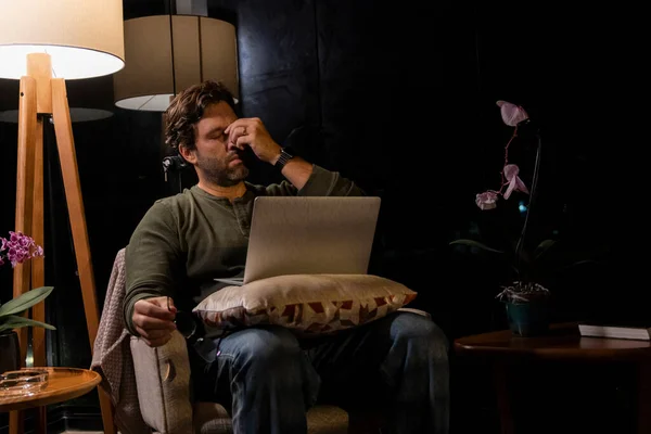 Brazilian Man Tired While Working Home Doing Home Office Night — Foto Stock