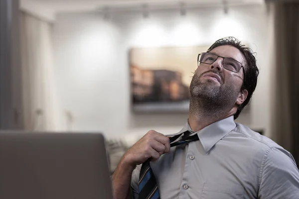 Brazilian Man Tired While Working Home Doing Home Office Night — Zdjęcie stockowe