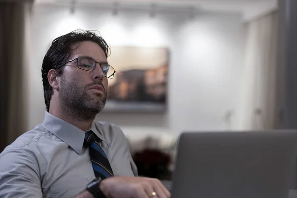 Brazilian Man Tired While Working Home Doing Home Office Night Stock Photo