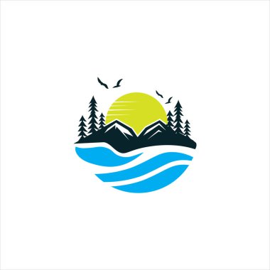 Dağ nehri peyzajı logo taşıyıcı şablonu şirketiniz için
