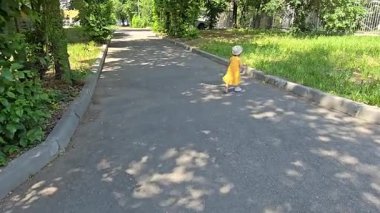 Sarı elbiseli ve şapkalı küçük bir kız ağaçlarla çevrili bir patikadan aşağı doğru yürür, sonra çimlerin yanına oturur ve onu toplamaya başlar. Doğadaki sevimli çocukluk keşfi anı..