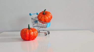 İçinde sahte bir balkabağı olan mini alışveriş arabası ve bir diğeri de sonbaharın, hasat mevsiminin ve neşeli bir hayatın şenlik hazırlıklarının samimi bir sembolü..