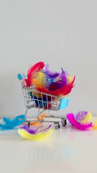 Rengarenk tüylerle dolu mini alışveriş arabası özgürlüğün, yaratıcılığın ve tüketicilerin yönlendirdiği dünyadaki seçimlerin yumuşaklığının hafif ve tuhaf bir sembolü..