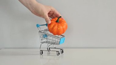 Bir el, iki dekoratif balkabağını küçük bir alışveriş arabasına yerleştirir. Gri bir arka planı olan beyaz bir masaya. Hasat mevsimini, sonbahar bolluğunu ve mevsimsel kutlamaları sembolize eder..