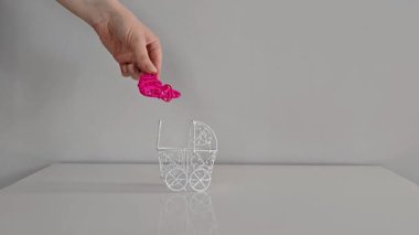 Bir el, biri pembe diğeri mavi olmak üzere iki dalı kalbi, sevgiyi, özeni ve duygusal bağı simgeleyen klasik bebek arabasına yerleştirir..