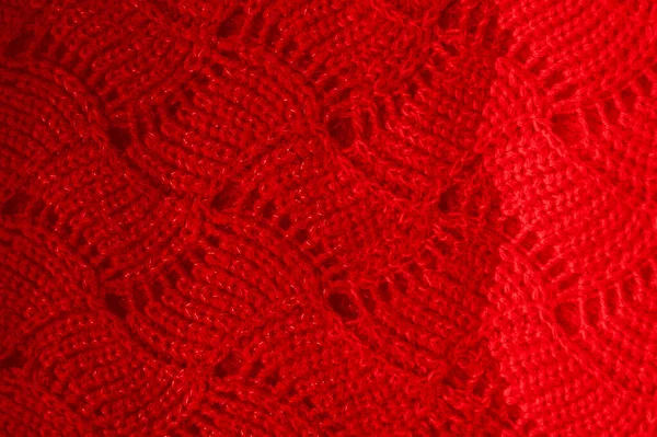 结构摘要羊毛 有机编织机毛衣 纤维手工制作的圣诞背景 服装针织面料 红色宏观螺纹 北欧圣诞装饰 编织地毯服装 针织羊毛 — 图库照片