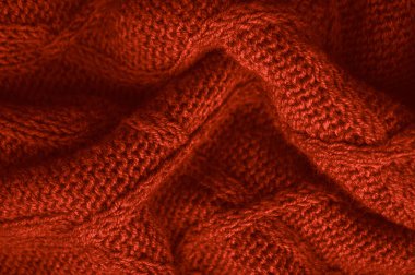 Abstract Wool. Vintage Woven Pattern. Weave Jacquard Christmas Background. Linen Knitted Wool. Red Closeup Thread. Scandinavian Winter Canvas. Structure Scarf Material. Macro Knitted Fabric.