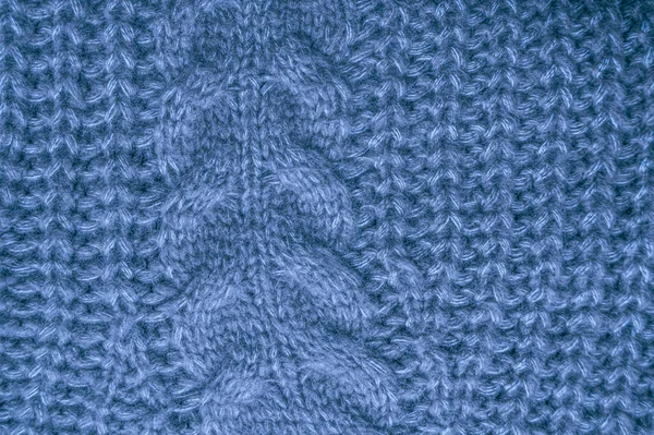 クローズアップニットセーター ヴィンテージウールデザイン ジャカード冬の背景 編んだセーターを編む 青い構造の糸 北欧の休日のキャンバス 詳細カーペットカシミア ニットブランケット — ストック写真