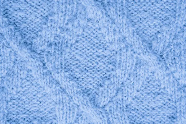 繊維によって編まれるブランケット 有機ウールーンのパターン 手作りホリデーバックグラウンド 編まれたセーター ブルー構造スレッド ノルディックXmas Yarn リネン デコール カシミヤ — ストック写真