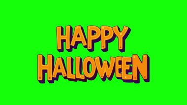 Mutlu Cadılar Bayramı mesajı at. Yeşil ekranda 4K çizgi film animasyonu, şeffaf kullanım için krom anahtar arkaplan