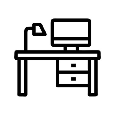 Uzaktan çalışmayı ve ev ofisini sembolize eden bir ofis masası kurulumunun simgesi.