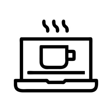 Kahve fincanlı dizüstü bilgisayarın simgesi, verimliliği ve uzaktan çalışmayı simgeliyor..