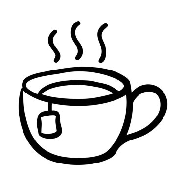 Sıcak çay fincanının el çizimi ikonu, sıcaklığı ve rahatlamayı simgeliyor..