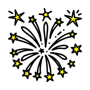 Yeni yıl kutlamaları için canlı havai fişeklerin siyah ve sarı karalama sanat simgesi