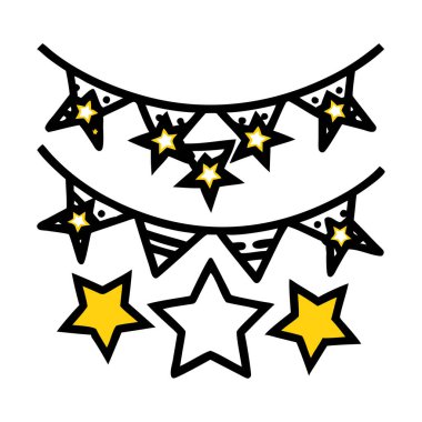 Yıldızlı bir çelengin oyuncu siyah ve sarı karalama ikonu, yeni yıl dekorasyonu için ideal.