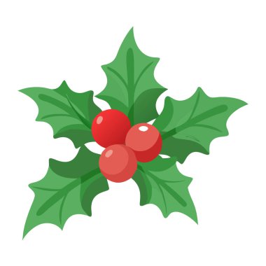 Keskin yeşil yaprakları ve kırmızı böğürtlenleri olan kutsal bir bitki ikonu. Kış dekorasyonu için mükemmel..