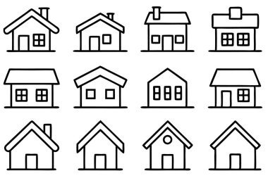 Farklı ev tasarımlarını temsil eden ev simgeleri. Emlak, kiralama ve ev dekorasyonu için ideal. Çok yönlü kullanım için basit vektör çizimleri.