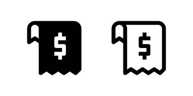 Bir fatura ya da fatura makbuzunun iki siyah çizgi simgesi ve bir dolar işareti. Faturaları, ödemeleri, işlemleri veya mali belgeleri temsil eder. Muhasebe yazılımı, ödeme uygulamaları veya iş raporları için ideal.
