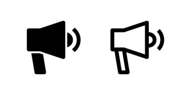 İki siyah çizgi ikonu, biri megafon, diğeri de bir konuşmacı, terfiyi, duyuruyu, pazarlamayı veya reklamı simgeliyor. Dijital kampanyalar, haberler veya halkla ilişkiler için ideal.
