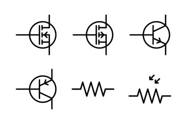 Transistörler NPN, PNP ve elektronik devre şemaları ve tasarımları için direnç simgeleri.
