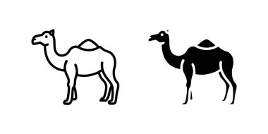 Çöl hayvanlarını, seyahatleri ve kurak ortamları temsil eden ayırt edici deve ikonu seti. Doğa, macera ve Orta Doğu temaları için harika.