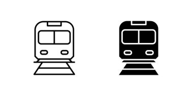 Demiryolu ulaşımını ve kentsel toplu taşımayı temsil eden modern tren ikonu seti. Seyahat, şehir ve hareketlilik temaları için ideal.