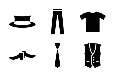 Gömlek, kravat, yelek, pantolon, ayakkabı ve şapka dahil resmi bir giysi ikonu seti. İş için, düğünler için ya da kostümlerle ilgili tasarım unsurları için harika..