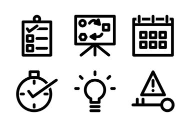 Planlama ve çözümler simgesi seti, kontrol listesi, planlama, zamanlama, zamanında, fikir, çözüm dahil. Proje yönetimi, verimlilik ve beyin fırtınası için mükemmel..